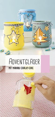 three different colored jars are shown with the words, adventure glasser mit marau chalk - chic