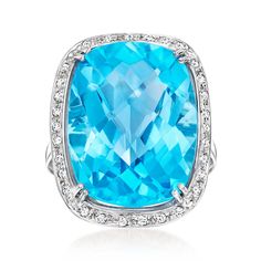 Ross-Simons - 18.00ct Swiss Blue Topaz, .18ct t. w. Diamond Ring Emerald Cut in 14kt White Gold. Size 9. This gorgeous ring is breathtaking. An impressive 18.00 carat rectangular cushion-cut Swiss blue topaz gem holds its own in a four-prong setting of 14kt white gold within a frame of .18 ct. t. w. round brilliant-cut diamonds. A stunning statement sure to catch eyes. 7/8" wide. Diamond and Swiss blue topaz ring. Blue Topaz birthstones are the perfect gift for December birthdays. Diamond Ring Emerald Cut, Diamond Ring Emerald, Auto Correct, Swiss Blue Topaz Ring, Topaz Birthstone, Ring Emerald Cut, Rectangular Cushion, Emerald Cut Diamond Ring, Gorgeous Ring