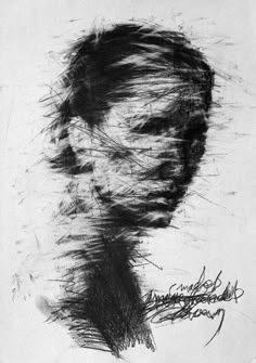 a black and white drawing of a person's head with hair blowing in the wind