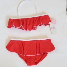 Gianni Bini Girl's Bikini Set Nwt New With Tags Color Red White Trim Reddish Orange Terry Cloth Removable Halter String Ruffle Bandeau Top Ruffle Bottom Reddish Orange, Cute Swimsuits, Kids Swimming, Gianni Bini, Bandeau Top, White Trim, Terry Cloth, Pretty Outfits, Red Color