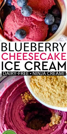 blueberry cheesecake ice cream is in a bowl