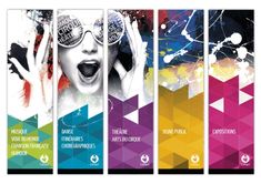 three banners with different colors and designs on them, one is for the music festival