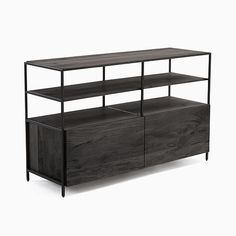 an entertainment center with black wood and metal shelves