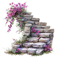 a painting of some flowers growing out of a stone wall