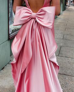 Prom Dress With Big Bow, Pink Dress With Bow On Back, Prom Dress With Bow On Back, Prom Dresses With Bows, Prom Dresses For Big Bust, Prom Dresses Big, Bow Prom Dress, Prom Dress Unique, Pink Satin Prom Dress