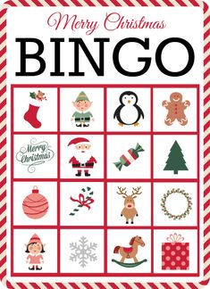 a christmas themed game board with the words merry christmas bingo and other holiday related items