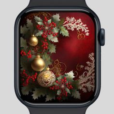 an apple watch case with christmas decorations on it and holly berries, gold ornaments, and golden bauben balls