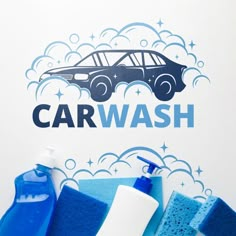 car wash products displayed on white background with blue sprayers and sponges next to it