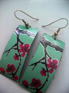 pair of earrings with pink flowers on green background