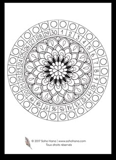 a black and white coloring book page with an abstract flower in the center, surrounded by circles