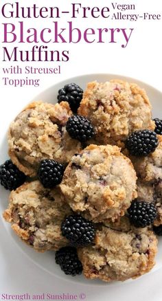 the cover of gluten - free vegan blackberry muffins with blackberries