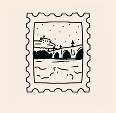 a stamp with an image of a bridge in the distance and buildings on it's side