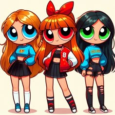 three cartoon girls standing next to each other with big eyes and bows on their heads