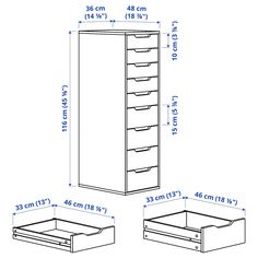 the measurements for an open drawer with drawers on each side and two smaller drawers below