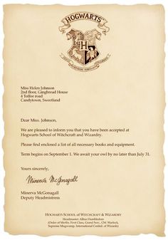 the hogwarts letter from harry potter