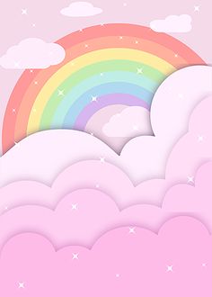 a pink background with clouds, rainbow and stars in the sky on top of it