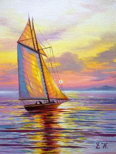 a painting of a sailboat in the ocean at sunset