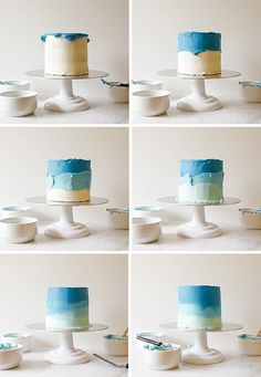 four different pictures of a blue and white cake