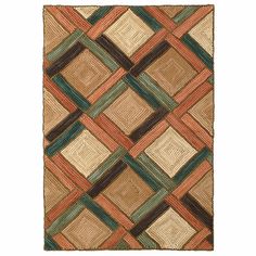 a brown and green area rug with squares on the bottom, in different colors or shapes