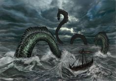 an image of a dragon attacking a boat in the ocean with storm clouds behind it