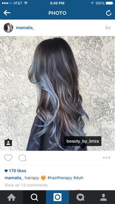 Blue Black Hair With Silver Highlights, Blue Strands In Brown Hair, Subtle Blue Hair, Blue Streaks In Brown Hair, Icy Blue Highlights, Mousy Brown Hair, Grey Streaks, Midnight Hair, Silver Blue Hair