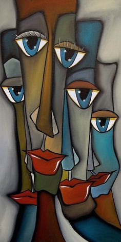 an abstract painting of two faces with blue eyes and one has a red lip on it