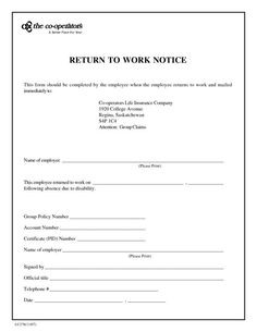 an employee's work notice form is shown in this file, with the words return to work notice on it