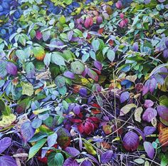 a painting of purple and green leaves on the ground