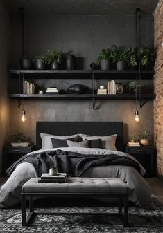 a bedroom with brick walls and shelves filled with potted plants on top of the bed