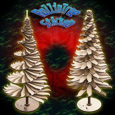 three wooden christmas trees in front of a red background with the words, pattilude heights