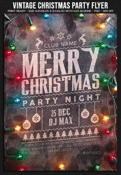 a christmas party flyer with lights on it