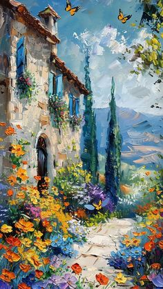 an oil painting of a house with flowers in the foreground and butterflies flying overhead