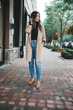 ashley wearing a tan coatigan with a black turtleneck underneath, medium wash jeans, and brown loafers standing a red brick sidewalk in front of a row of shops Mom Outfit Fall 2023, New York Mom Style, Business Casual Shacket Outfit, Classy Outfits For Moms, Mommy Fall Outfits, Cool Fall Outfits 2022, Dressy Casual Mom Outfits, Updated Mom Style, Polished Mom Style