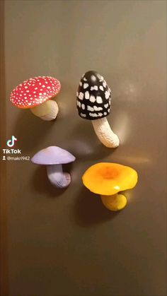 three different types of mushrooms on a brown surface with white dots and black polka dots