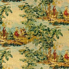 an old fashioned wallpaper with people on boats in the water and palm trees around it