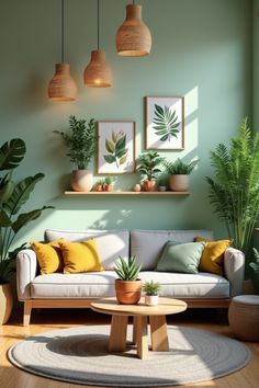 a living room filled with lots of plants next to a wall mounted plant potted on top of a wooden table