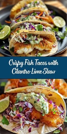 crispy fish tacos with cilantro lime slaw on a black plate