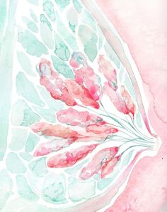 a watercolor painting of pink and green leaves