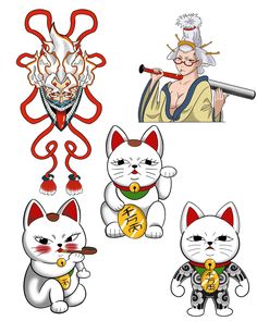 four cartoon cats with different designs on their body and one cat holding a gold coin