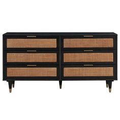 a black and brown dresser with wicker drawers