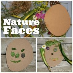 three pictures of nature faces made out of cardboard and paper with flowers in the background