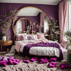 a bedroom decorated in purple and white with pink flowers on the bed, mirror above