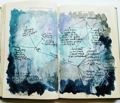 an open book with writing on it and blue watercolor paint splattered over the pages