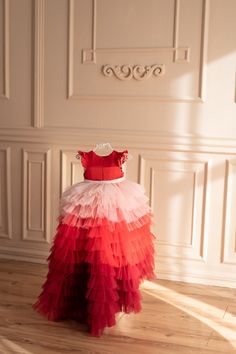 Red Ombre Tutu Dress, Girl Tiered Dress, Tulle Toddler Dress Girl Red Ombre Assymetrical dress with detachable train Girl multilayered tiered tulle dress with satin top part Tutu high low dress is perfect for any special occasion in life of your daughter - birthday, party, wedding as flower girl and any other event. With this dress your daughter will receive many compliments and such trendy look will underline her beautyness. Any color combination is possible. Color: soft pink, salmon, red, burg Red Sleeveless Princess Dress For Pageant, Red Princess Dress For Spring Parties, Red Princess Dress For Summer Party, Red Sleeveless Princess Dress, Red Princess Tulle Dress, Red Tulle Dress For Pageant, Red Tulle Dress For Pageants, Red Tulle Holiday Dress For Wedding, Summer Wedding Red Princess Dress