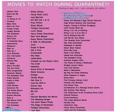 the movies to watch during quarantime are shown in pink and black, as well as