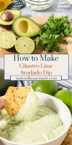 someone dipping guacamole into a bowl with avocado and cilantro