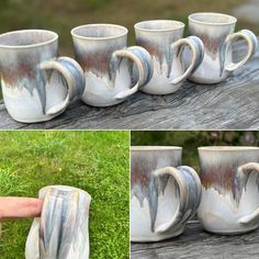 four different pictures of coffee mugs sitting on a wooden table with grass in the background