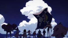 a group of people standing next to each other in front of clouds and a pirate flag