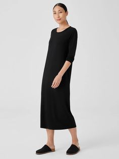 Stretch Jersey Knit Jewel Neck Dress | EILEEN FISHER Simple Long Sleeve Dress, Jewel Neck Dress, Jewel Neck, Eileen Fisher, Fit In, Knit Jersey, Neck Dress, Dresses With Sleeves, Long Sleeve Dress