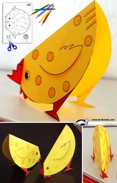 an image of some paper crafts that are made to look like yellow fish and smiling